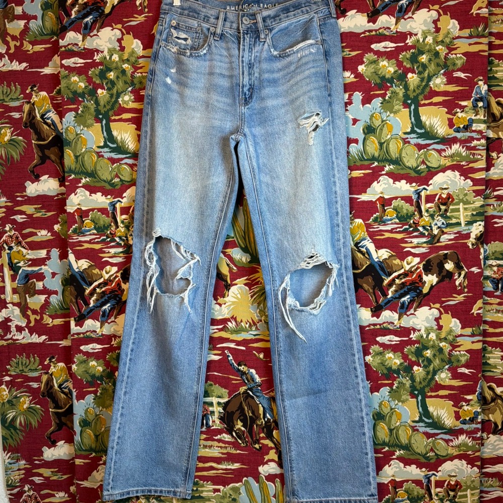 American Eagle Distressed Straight Leg Jeans Womens 0 Blue Excellent Ripped